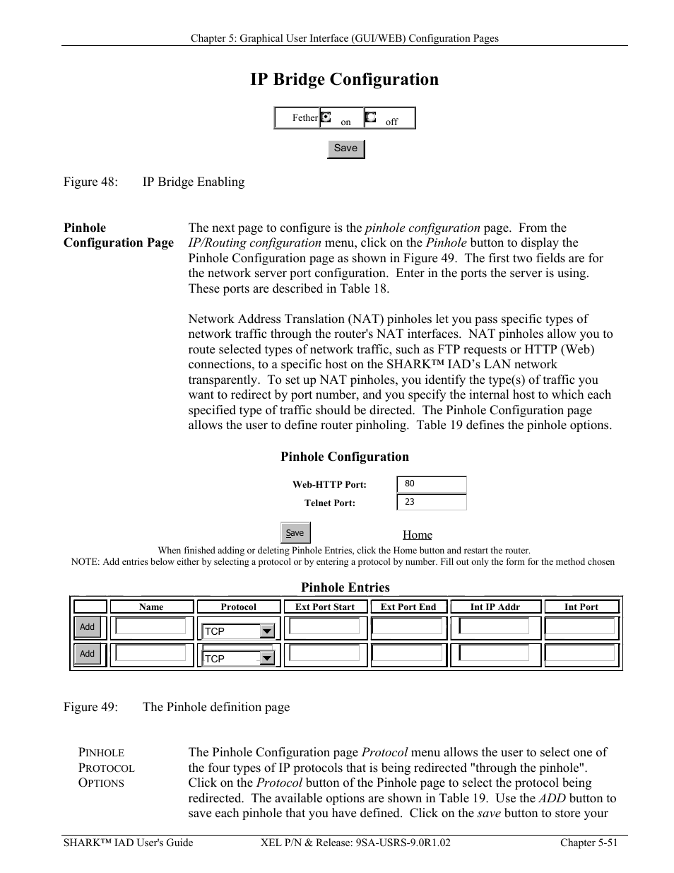 Pinhole protocol options, Pinhole protocol options -51, Igure | Ip b, Ridge, Nabling, Able, Ip r, Outer, Erver | Verilink XEL XSP-100 SHARK IAP (9SA-USRS-9.0R1.02) Product Manual User Manual | Page 105 / 262