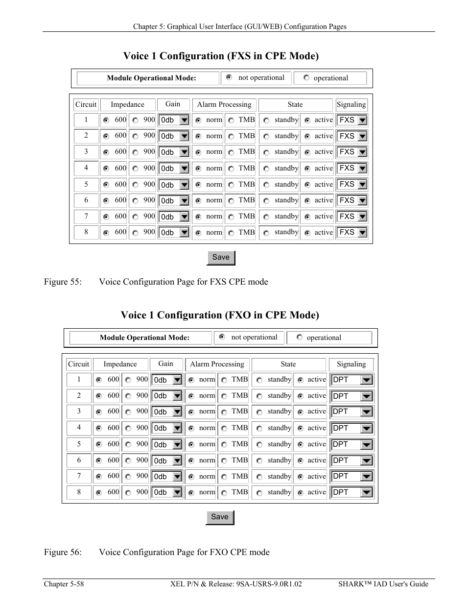 Igure, Oice, Onfiguration | Age for, Fxs cpe, Mode, Fxo cpe, Voice 1 configuration (fxs in cpe mode), Voice 1 configuration (fxo in cpe mode) | Verilink XEL XSP-100 SHARK IAP (9SA-USRS-9.0R1.02) Product Manual User Manual | Page 112 / 262