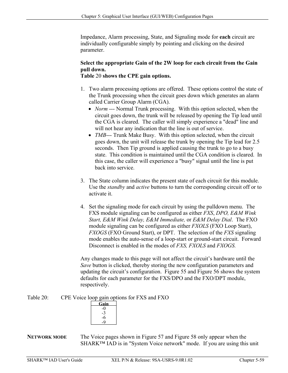 Network mode, Etwork mode, Able | Cpe v, Oice loop gain options for, Fxo -59 | Verilink XEL XSP-100 SHARK IAP (9SA-USRS-9.0R1.02) Product Manual User Manual | Page 113 / 262