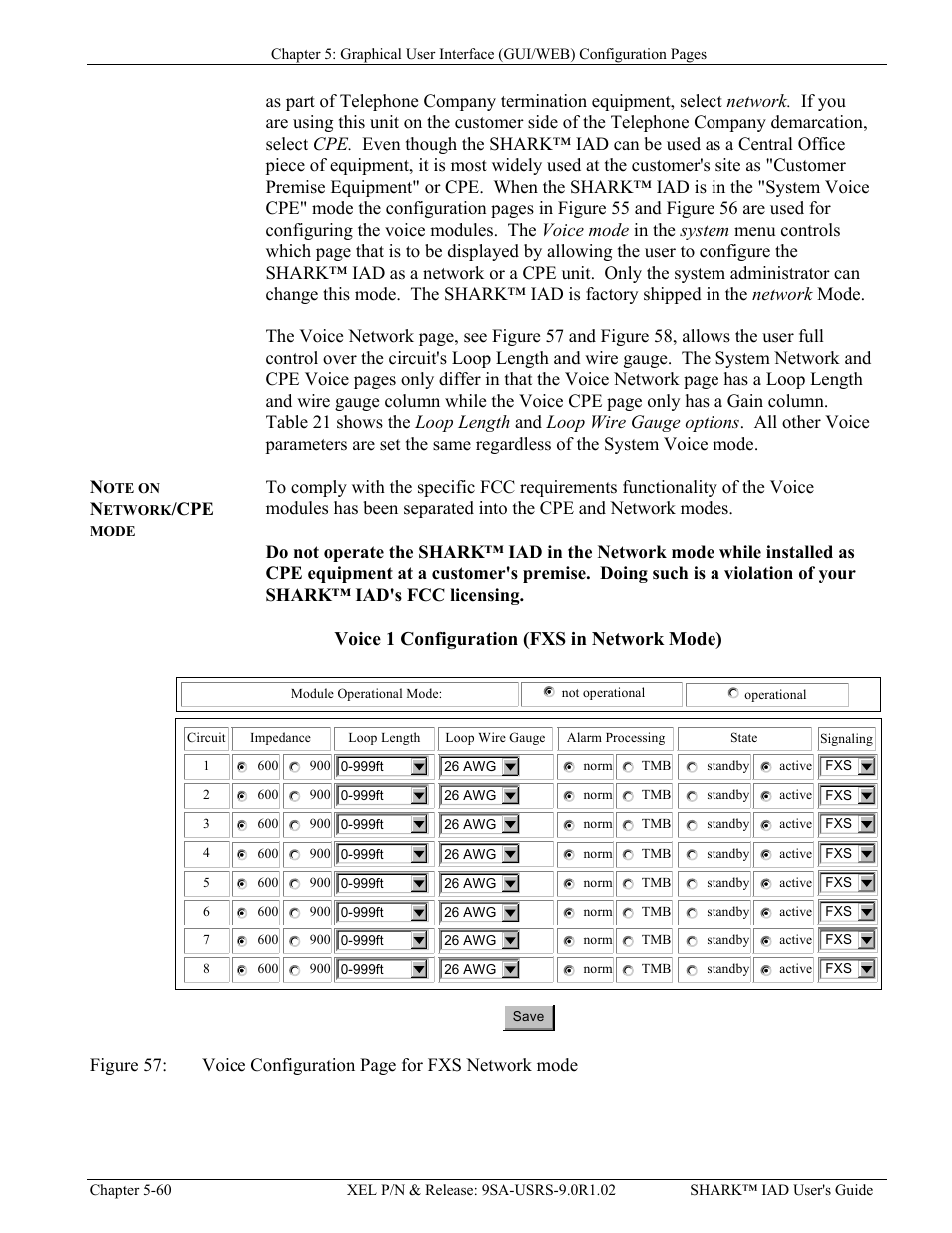 Note on network/cpe mode, Ote on, Etwork | Mode, Igure, Oice, Onfiguration, Age for, Fxs n, Etwork mode | Verilink XEL XSP-100 SHARK IAP (9SA-USRS-9.0R1.02) Product Manual User Manual | Page 114 / 262
