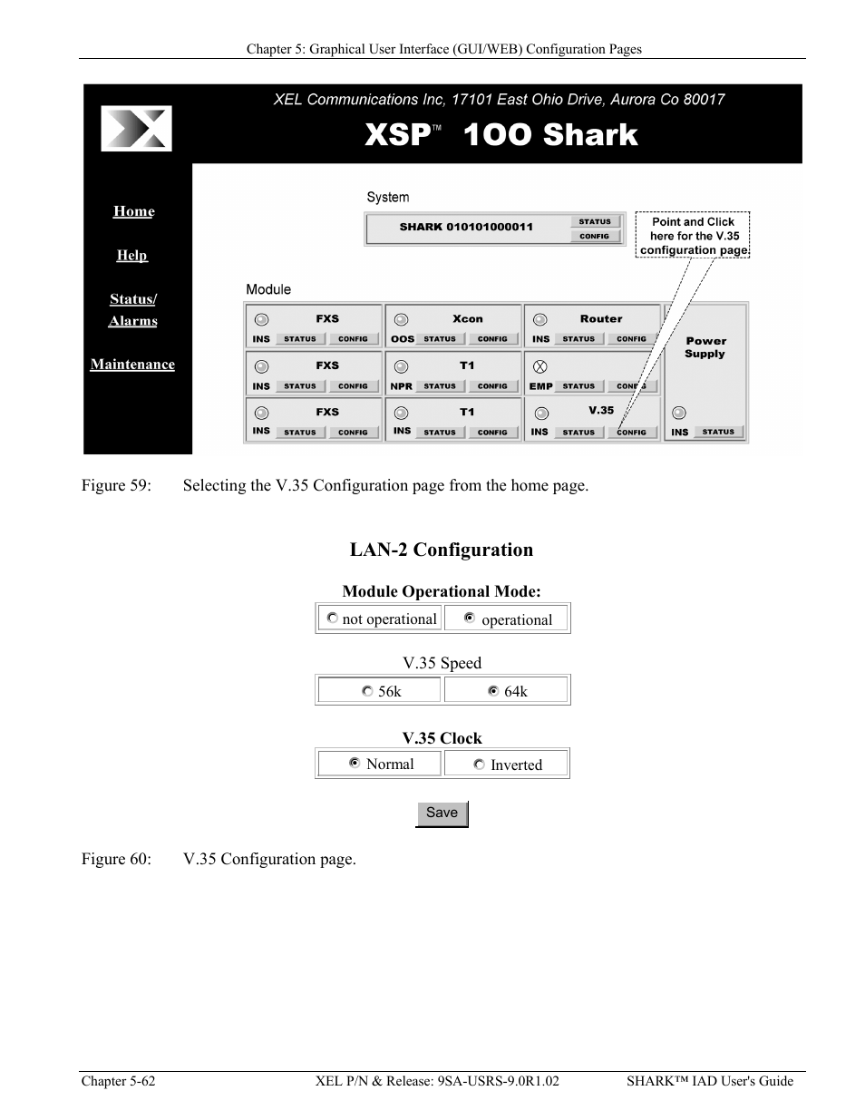 Igure, Electing the, V.35 c | Lan-2 configuration | Verilink XEL XSP-100 SHARK IAP (9SA-USRS-9.0R1.02) Product Manual User Manual | Page 116 / 262