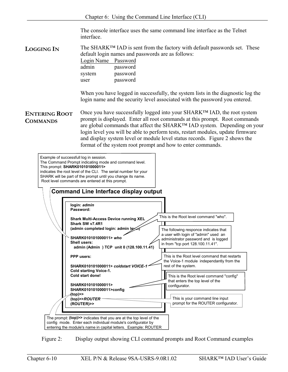 Logging in, Entering root commands, Ogging | Ntering, Ommands, Igure, Isplay output showing, Command prompts and, Ommand examples | Verilink XEL XSP-100 SHARK IAP (9SA-USRS-9.0R1.02) Product Manual User Manual | Page 126 / 262