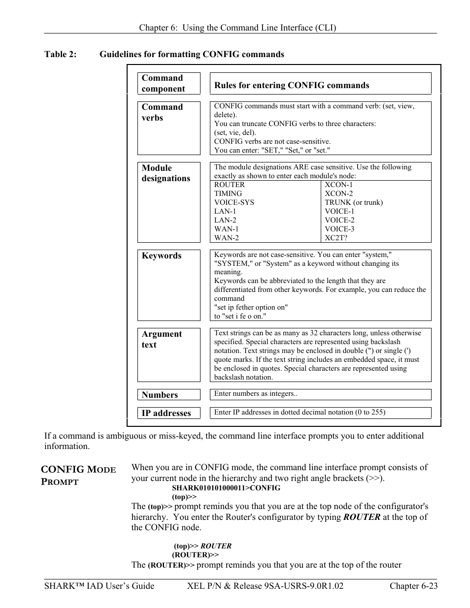 Config mode prompt, Config m, Rompt | Able, Uidelines for formatting, Config, Commands | Verilink XEL XSP-100 SHARK IAP (9SA-USRS-9.0R1.02) Product Manual User Manual | Page 139 / 262
