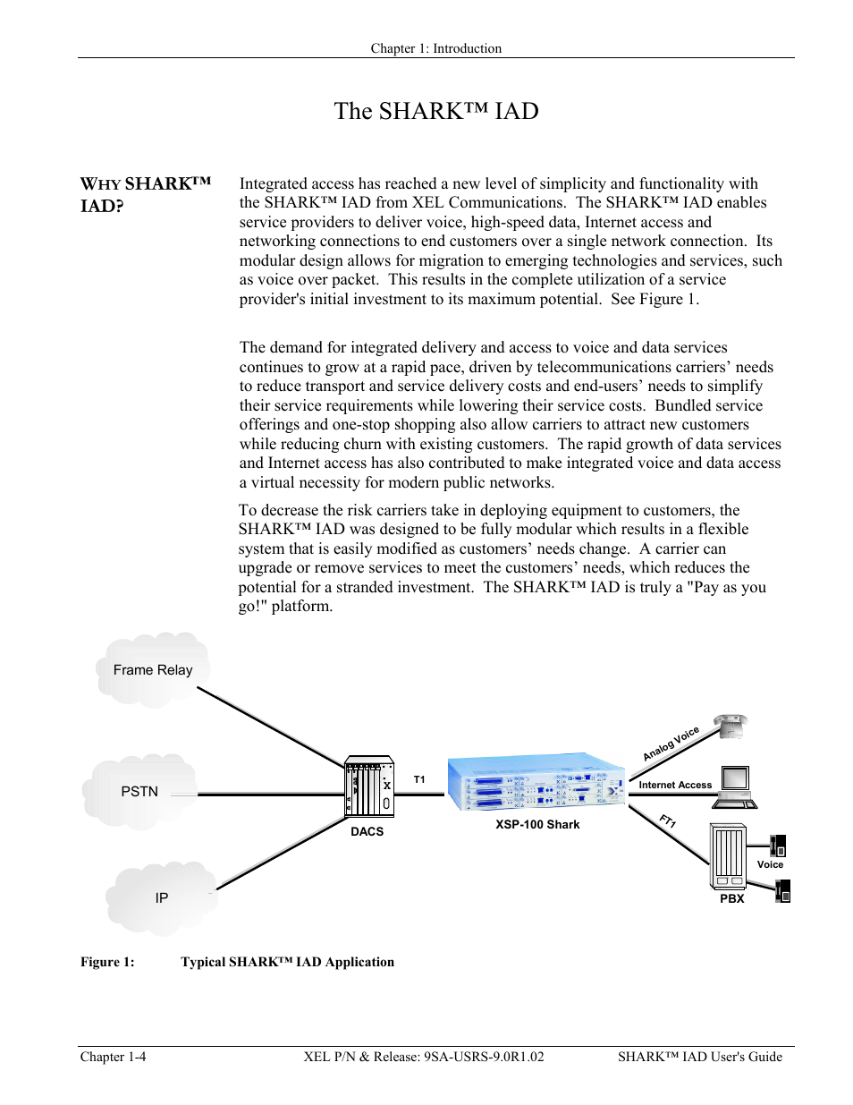 Why shark™ iad, Why shark™ iad? -4, Igure | Ypical, Shark™ iad a, Pplication, Chapter 1: introduction, The shark™ iad, Shark™ iad | Verilink XEL XSP-100 SHARK IAP (9SA-USRS-9.0R1.02) Product Manual User Manual | Page 14 / 262