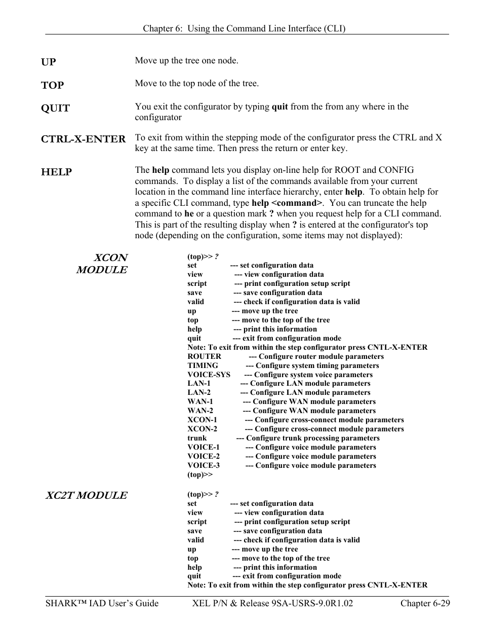 Quit, Ctrl-x-enter, Help | Xcon module, Xc2t module, Module designations and keywords tree, Up -29 top -29 quit -29 ctrl-x-enter -29 help -29, Xcon module -29 xc2t module -29 | Verilink XEL XSP-100 SHARK IAP (9SA-USRS-9.0R1.02) Product Manual User Manual | Page 145 / 262