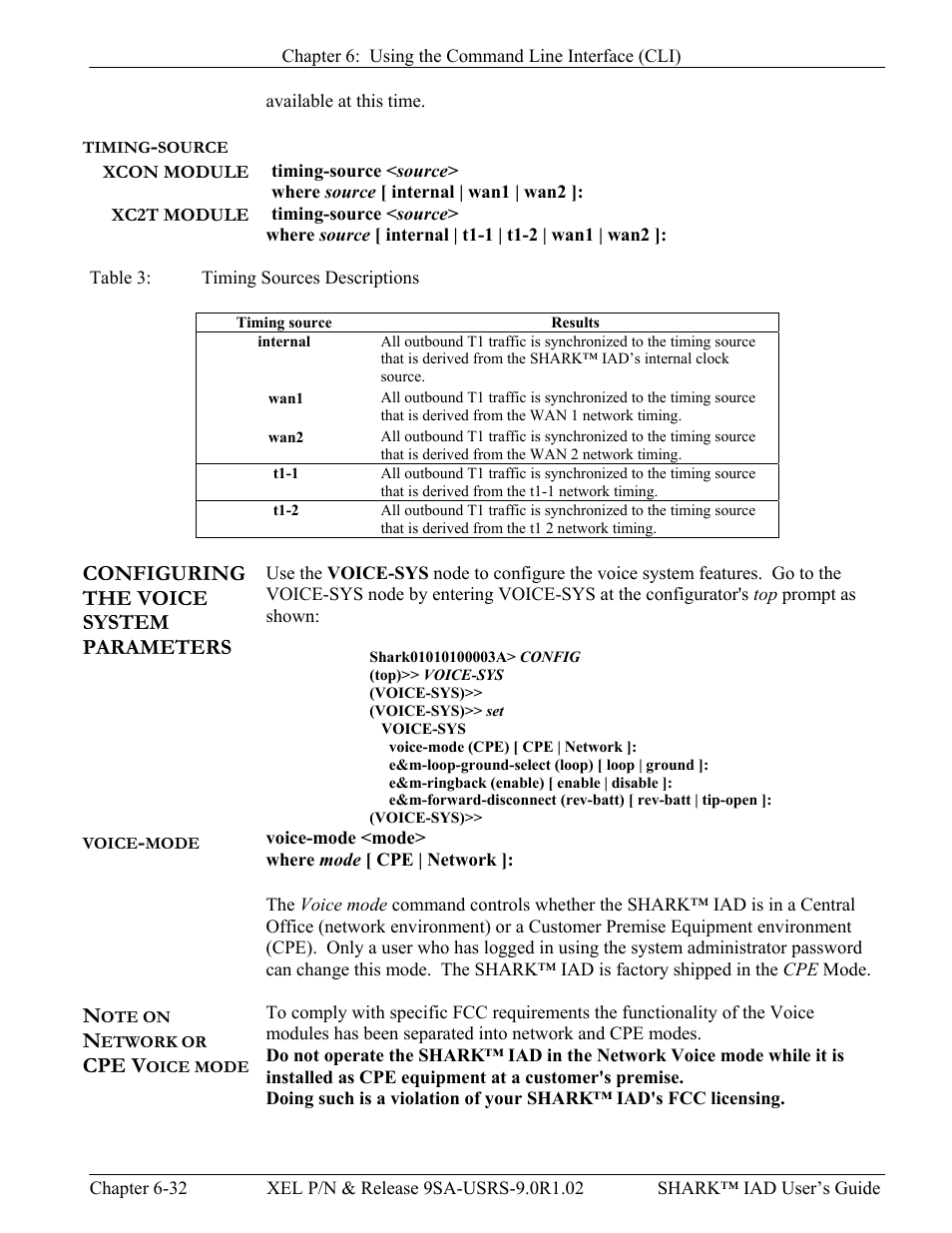 Timing-source, Xc2t module, Configuring the voice system parameters | Voice-mode, Note on network or cpe voice mode, Timing, Source, Voice, Mode, Ote on | Verilink XEL XSP-100 SHARK IAP (9SA-USRS-9.0R1.02) Product Manual User Manual | Page 148 / 262