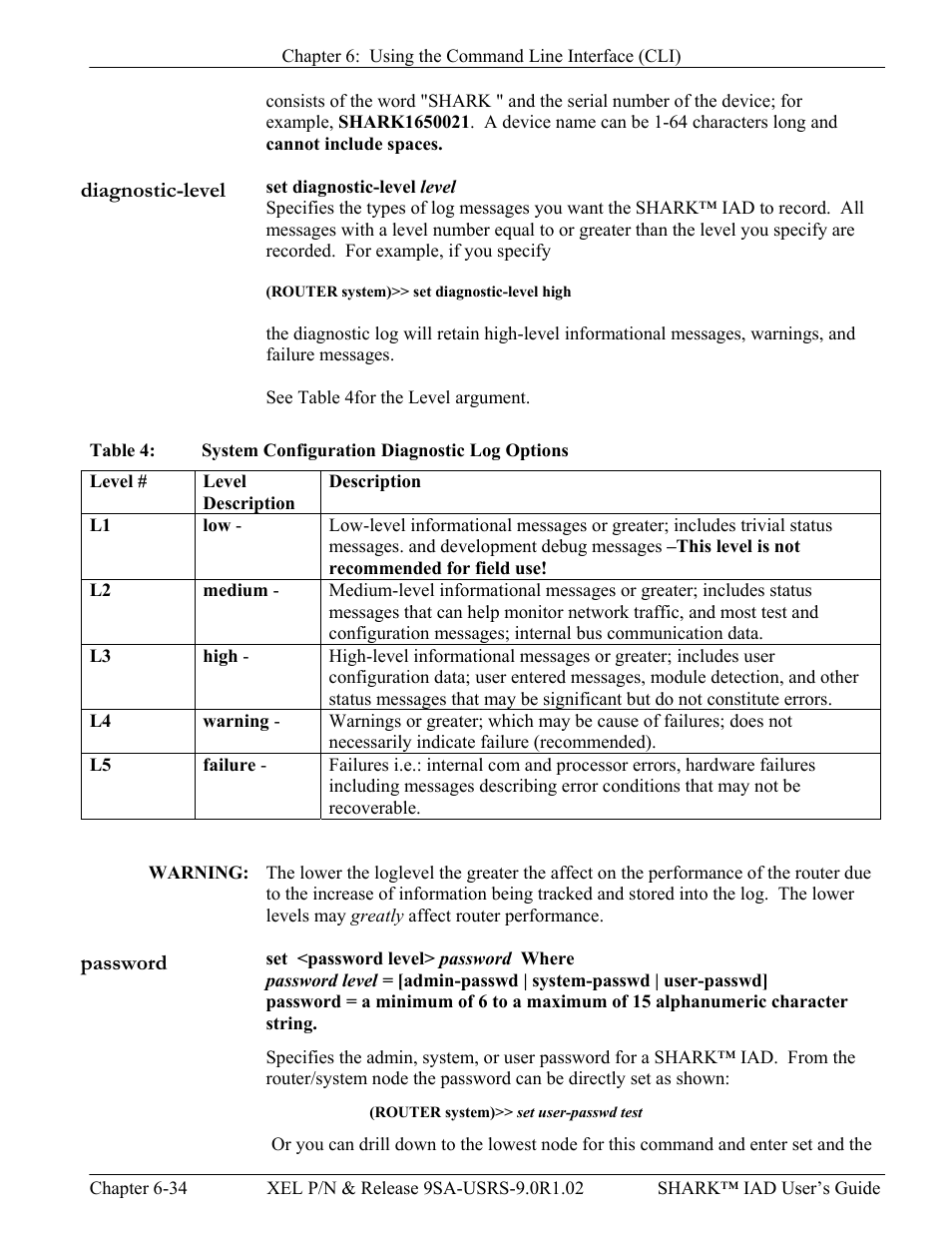 Diagnostic-level, Password, Diagnostic-level -34 password -34 | Verilink XEL XSP-100 SHARK IAP (9SA-USRS-9.0R1.02) Product Manual User Manual | Page 150 / 262