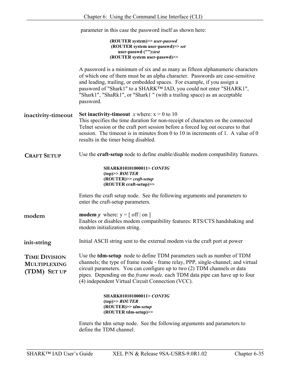 Inactivity-timeout, Craft setup, Modem | Init-string, Time division multiplexing (tdm) set up, Inactivity-timeout -35, Raft, Etup, Modem -35 init-string -35, Ivision | Verilink XEL XSP-100 SHARK IAP (9SA-USRS-9.0R1.02) Product Manual User Manual | Page 151 / 262
