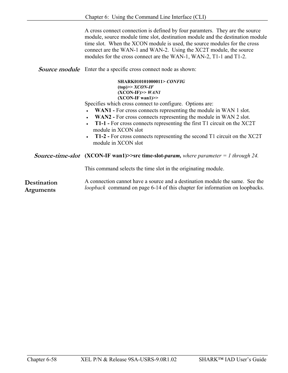 Source module, Source-time-slot, Destination arguments | Source module -58 source-time-slot -58, Destination arguments -58 | Verilink XEL XSP-100 SHARK IAP (9SA-USRS-9.0R1.02) Product Manual User Manual | Page 174 / 262