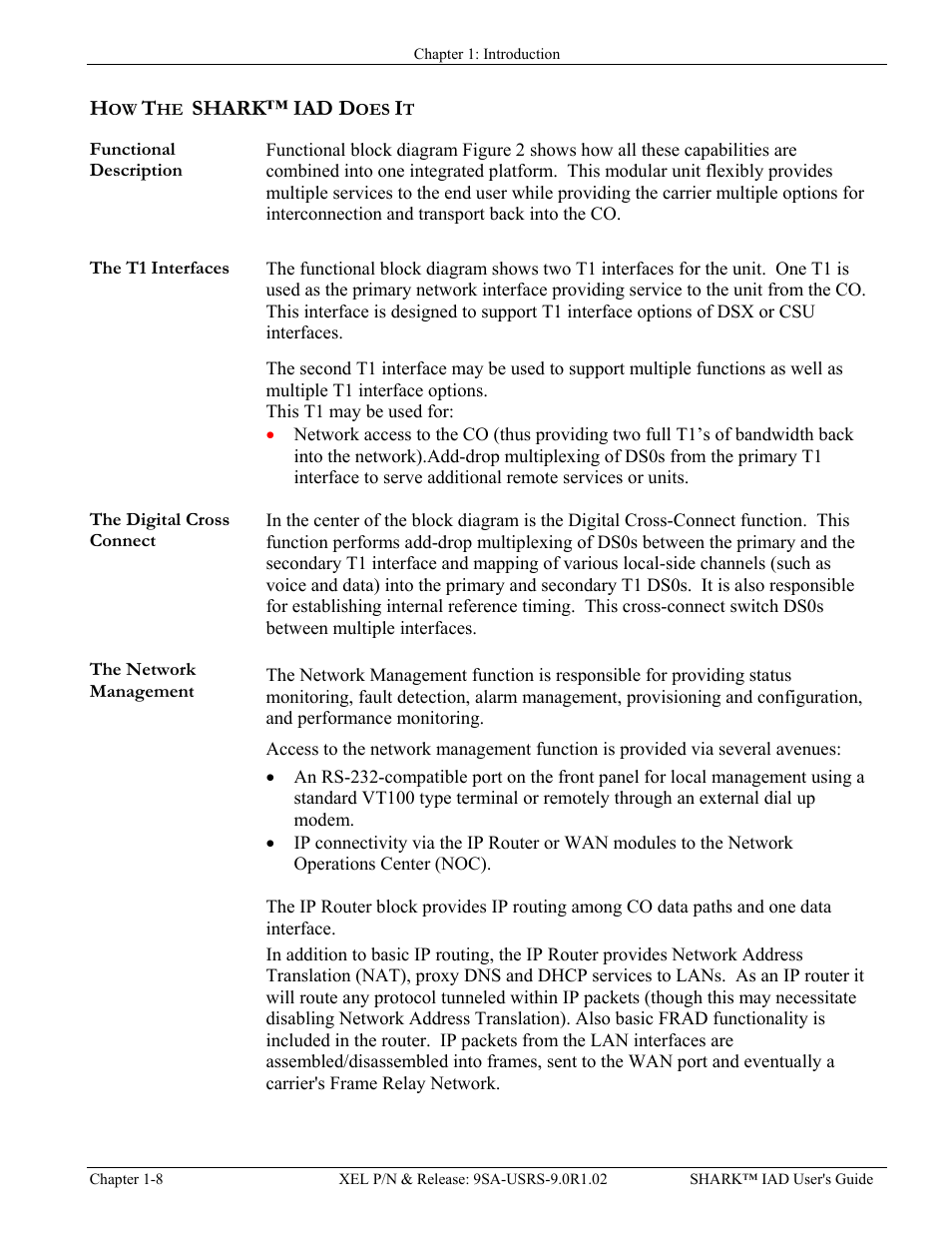How the shark™ iad does it, Functional description, The t1 interfaces | The digital cross connect, The network management, The ip router, How the shark™ iad does it -8, Unctional, Escription, T1 i | Verilink XEL XSP-100 SHARK IAP (9SA-USRS-9.0R1.02) Product Manual User Manual | Page 18 / 262