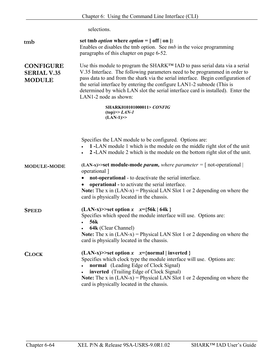 Configure serial v.35 module, Module-mode, Speed | Clock, Tmb -64, Configure serial v.35 module -64, Module, Mode, Peed, Lock | Verilink XEL XSP-100 SHARK IAP (9SA-USRS-9.0R1.02) Product Manual User Manual | Page 180 / 262