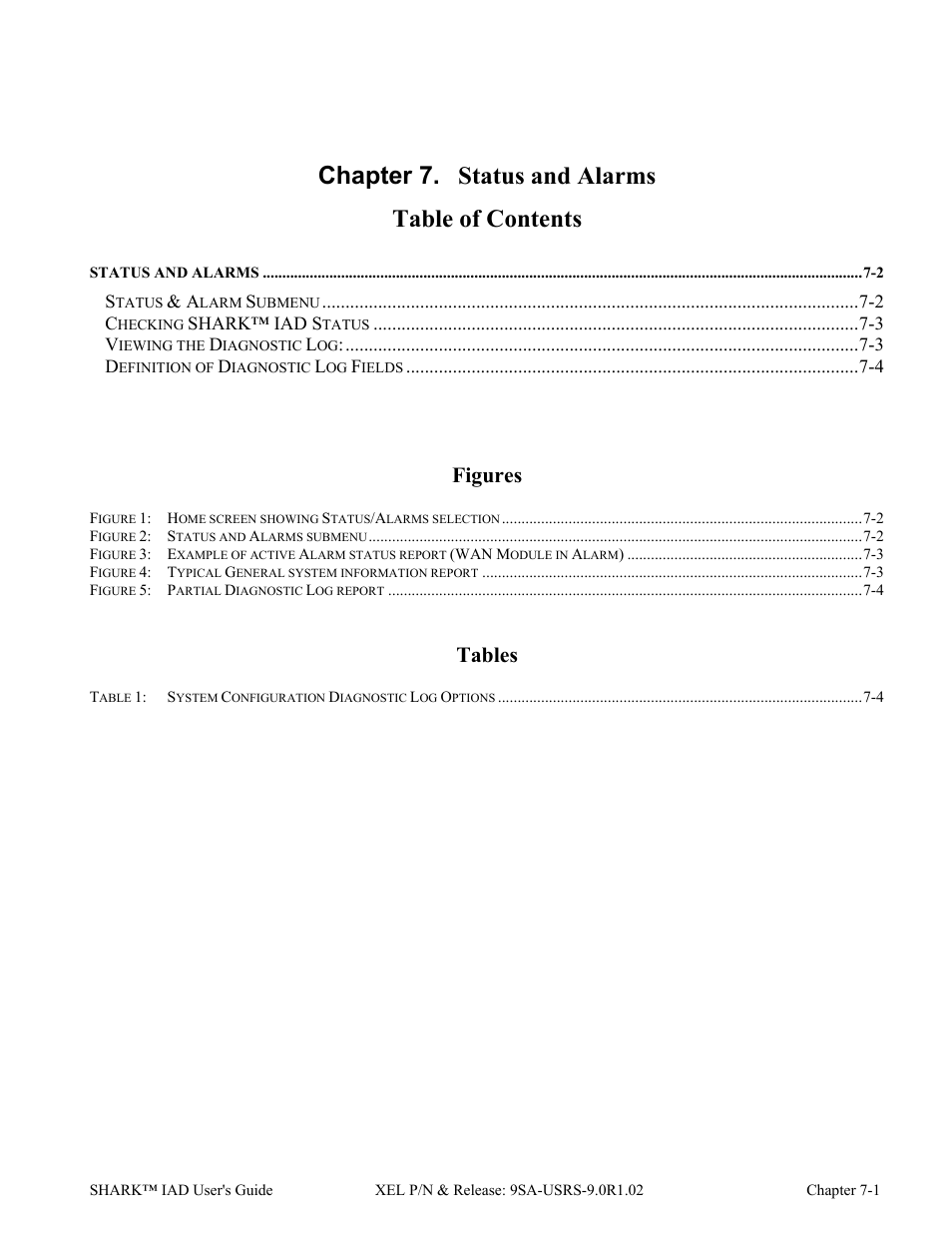 Ch-7 status and alarms, Chapter 7. status and alarms table of contents, Figures | Tables | Verilink XEL XSP-100 SHARK IAP (9SA-USRS-9.0R1.02) Product Manual User Manual | Page 181 / 262