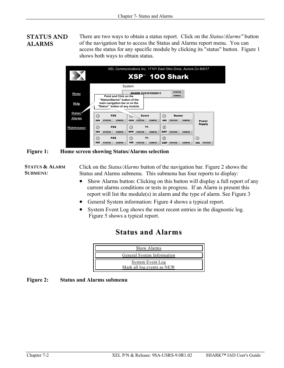 Status and alarms, Status & alarm submenu, Chapter 7: status and alarms | Status and alarms -2, Tatus, Larm, Ubmenu, Igure, Ome screen showing, Larms selection | Verilink XEL XSP-100 SHARK IAP (9SA-USRS-9.0R1.02) Product Manual User Manual | Page 182 / 262
