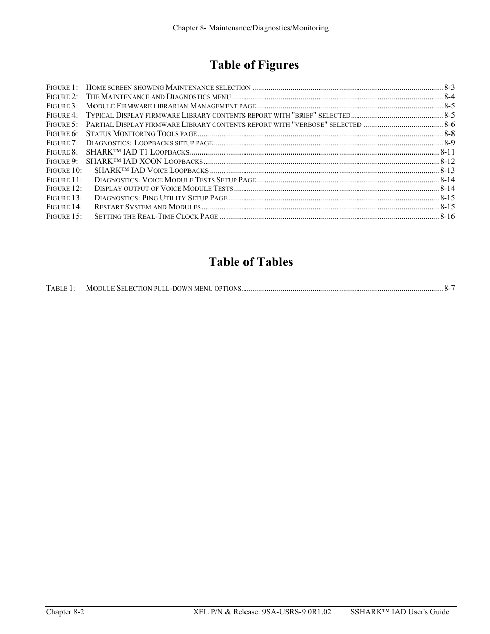 Table of figures, Table of tables | Verilink XEL XSP-100 SHARK IAP (9SA-USRS-9.0R1.02) Product Manual User Manual | Page 186 / 262