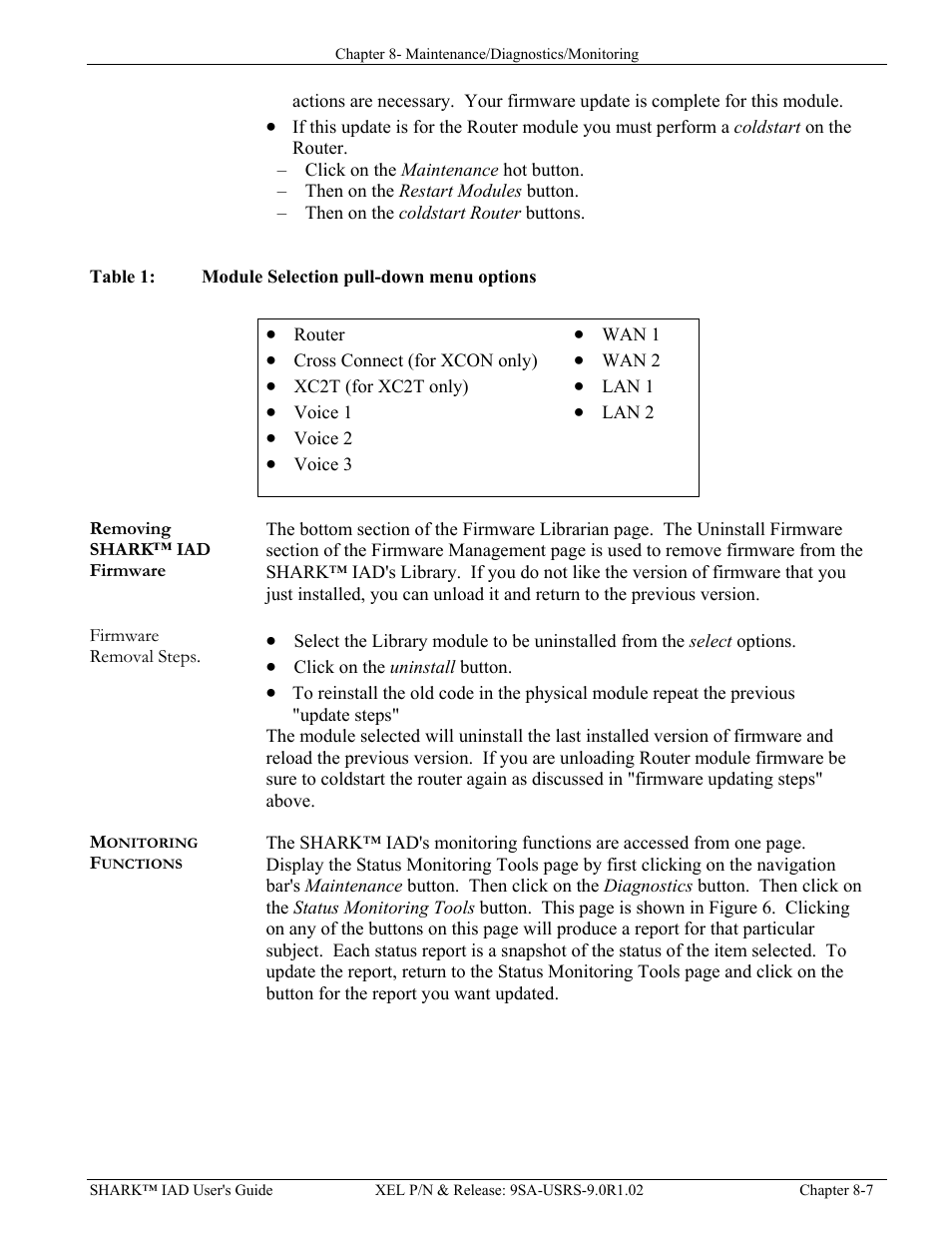 Removing shark™ iad firmware, Firmware removal steps, Monitoring functions | Removing shark™ iad firmware -7, Firmware removal steps -7, Onitoring, Unctions | Verilink XEL XSP-100 SHARK IAP (9SA-USRS-9.0R1.02) Product Manual User Manual | Page 191 / 262