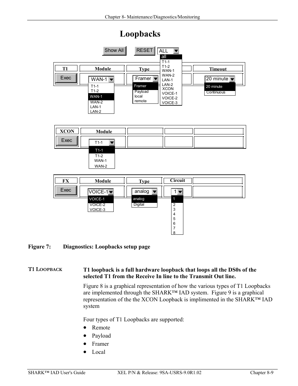 T1 loopback, T1 l, Oopback | Igure, Iagnostics, Loopbacks | Verilink XEL XSP-100 SHARK IAP (9SA-USRS-9.0R1.02) Product Manual User Manual | Page 193 / 262