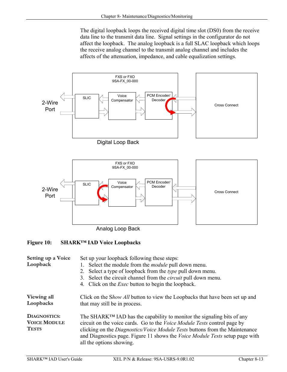 Setting up a voice loopback, Viewing all loopbacks, Diagnostics: voice module tests | Iagnostics, Oice, Odule, Ests, Igure, Shark™ iad v, Oopbacks | Verilink XEL XSP-100 SHARK IAP (9SA-USRS-9.0R1.02) Product Manual User Manual | Page 197 / 262