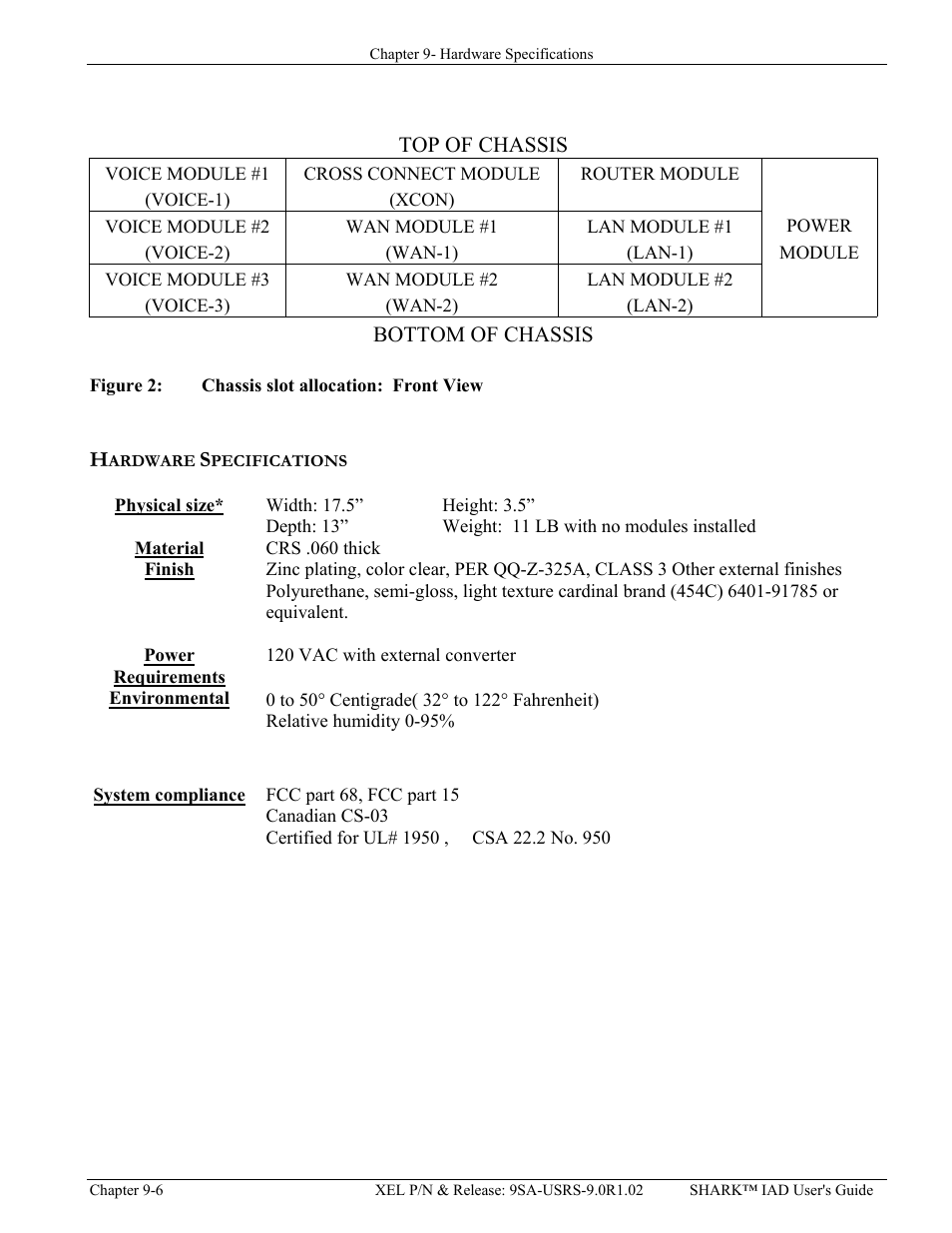 Hardware specifications, Physical size, Material | Finish, Power requirements, System compliance, Hardware specifications -6, Igure, Hassis slot allocation, Ront | Verilink XEL XSP-100 SHARK IAP (9SA-USRS-9.0R1.02) Product Manual User Manual | Page 206 / 262