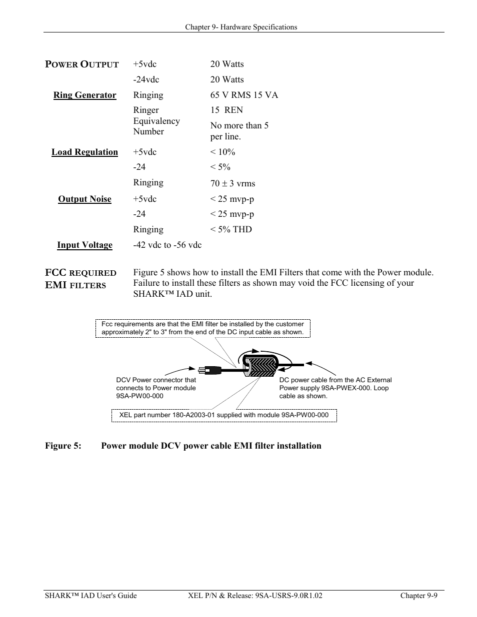 Power output, Ring generator, Load regulation | Output noise, Input voltage, Fcc required emi filters, Power output -9, Fcc required emi filters -9, Igure, Ower module | Verilink XEL XSP-100 SHARK IAP (9SA-USRS-9.0R1.02) Product Manual User Manual | Page 209 / 262