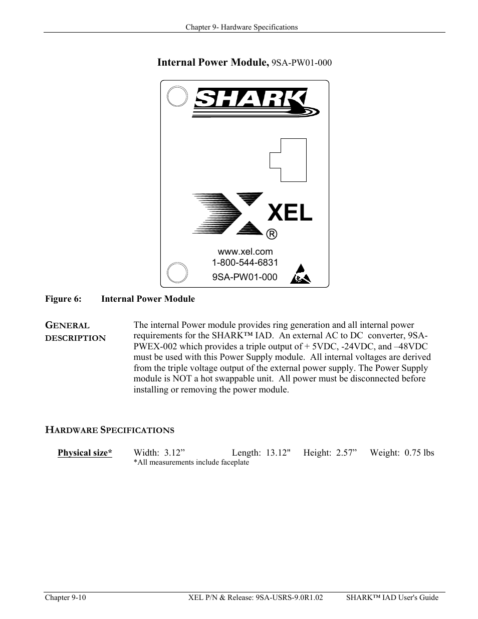 Internal power module, 9sa-pw01-000, General description, Hardware specifications | Physical size, Nternal, Ower, Odule, 9sa-pw01-000 -10, Physical size* -10, Igure | Verilink XEL XSP-100 SHARK IAP (9SA-USRS-9.0R1.02) Product Manual User Manual | Page 210 / 262