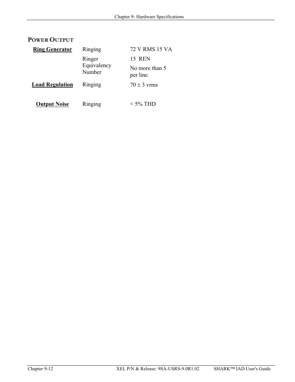 Power output, Ring generator, Load regulation | Output noise, Power output -12 | Verilink XEL XSP-100 SHARK IAP (9SA-USRS-9.0R1.02) Product Manual User Manual | Page 212 / 262
