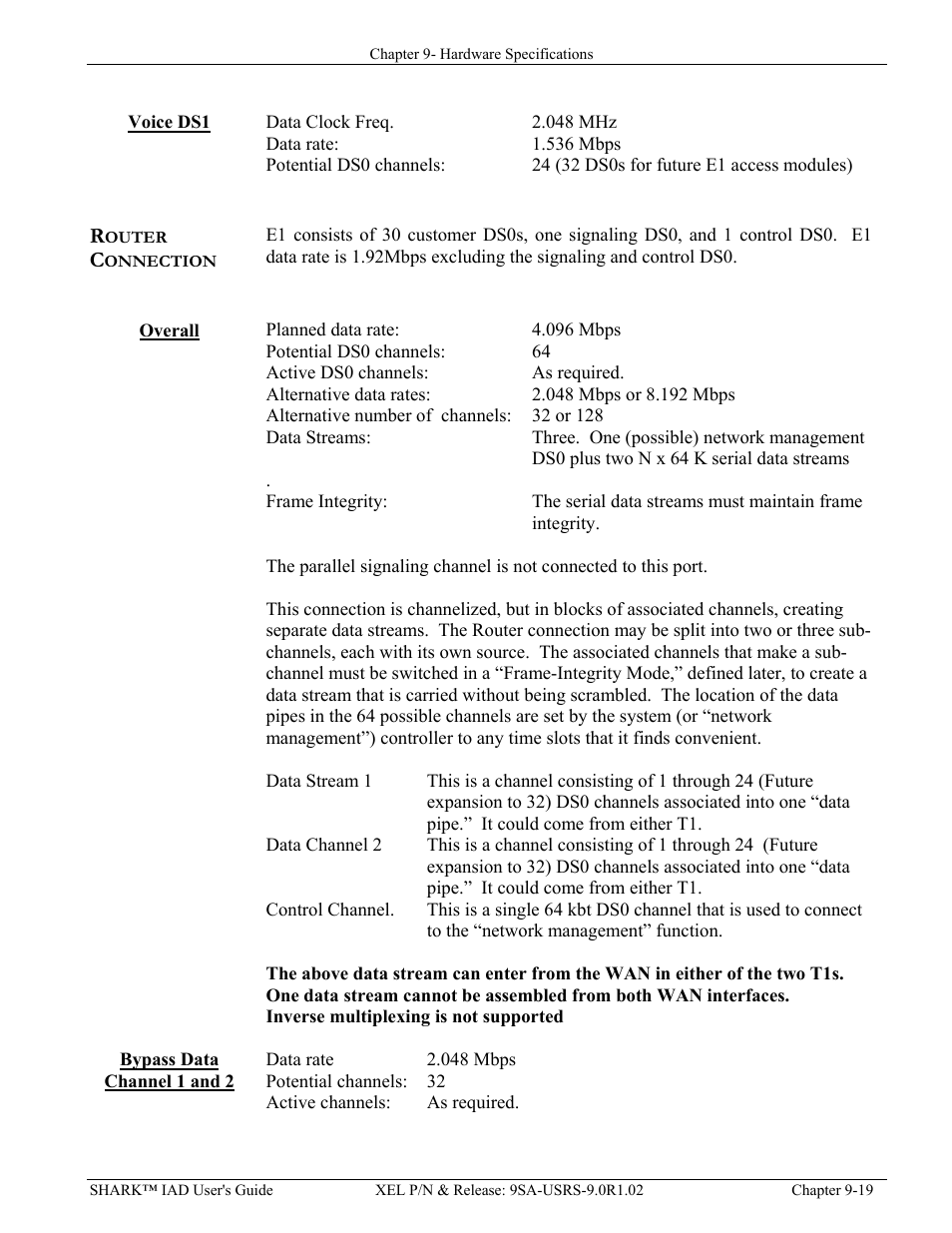 Voice ds1, Overall, Bypass data channel 1 and 2 | Voice ds1 -19, Router connection -19, Overall -19 bypass data channel 1 and 2 -19 | Verilink XEL XSP-100 SHARK IAP (9SA-USRS-9.0R1.02) Product Manual User Manual | Page 219 / 262