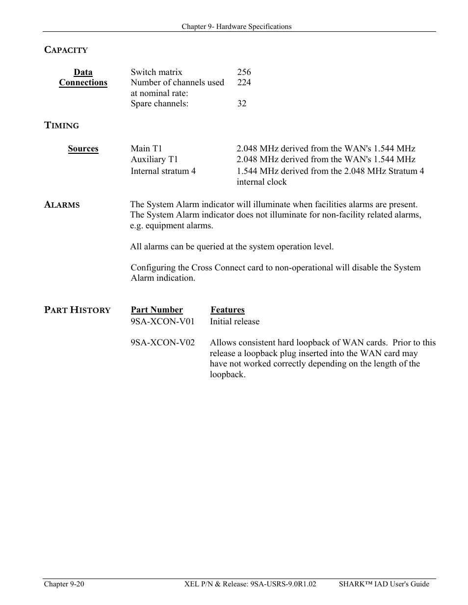 Capacity, Data connections, Timing | Sources, Alarms, Part history, Capacity -20, Data connections -20, Timing -20, Sources -20 | Verilink XEL XSP-100 SHARK IAP (9SA-USRS-9.0R1.02) Product Manual User Manual | Page 220 / 262