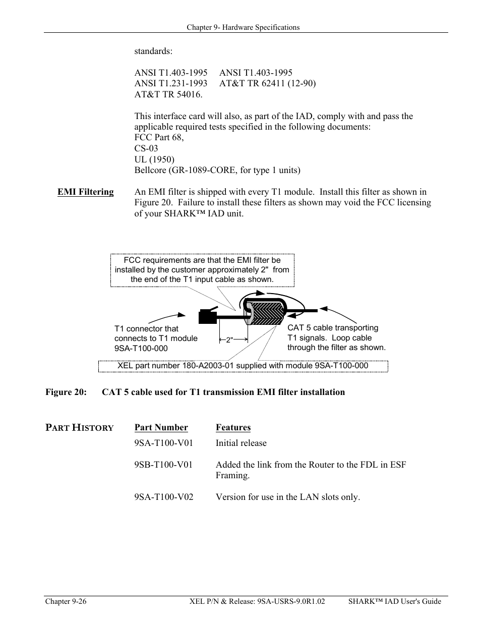 Emi filtering, Emi filtering -26, Part history -26 | Igure, Cat 5, Cable used for, Transmission, Filter installation | Verilink XEL XSP-100 SHARK IAP (9SA-USRS-9.0R1.02) Product Manual User Manual | Page 226 / 262