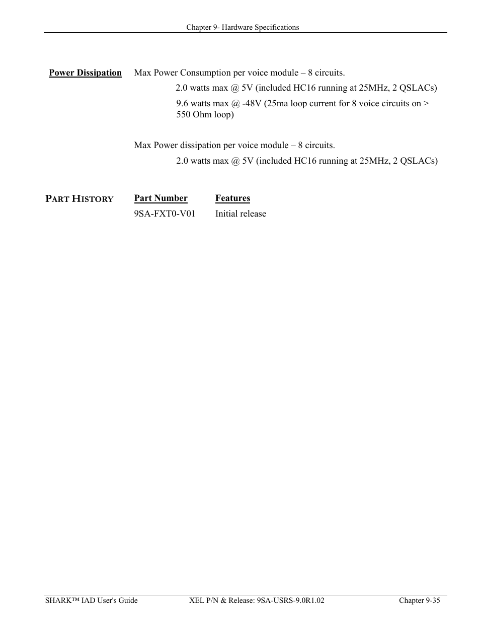 Power dissipation, Part history, Power dissipation -35 | Part history -35 | Verilink XEL XSP-100 SHARK IAP (9SA-USRS-9.0R1.02) Product Manual User Manual | Page 235 / 262