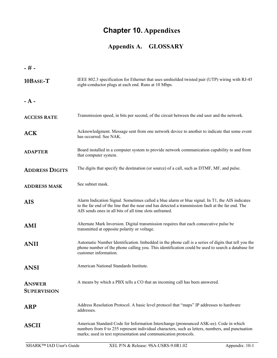 Ch-10 appendixes, Appendix a. glossary, Appendix a: glossary | Dictionary of telephony terms used in this manual, Chapter 10. appendixes | Verilink XEL XSP-100 SHARK IAP (9SA-USRS-9.0R1.02) Product Manual User Manual | Page 243 / 262