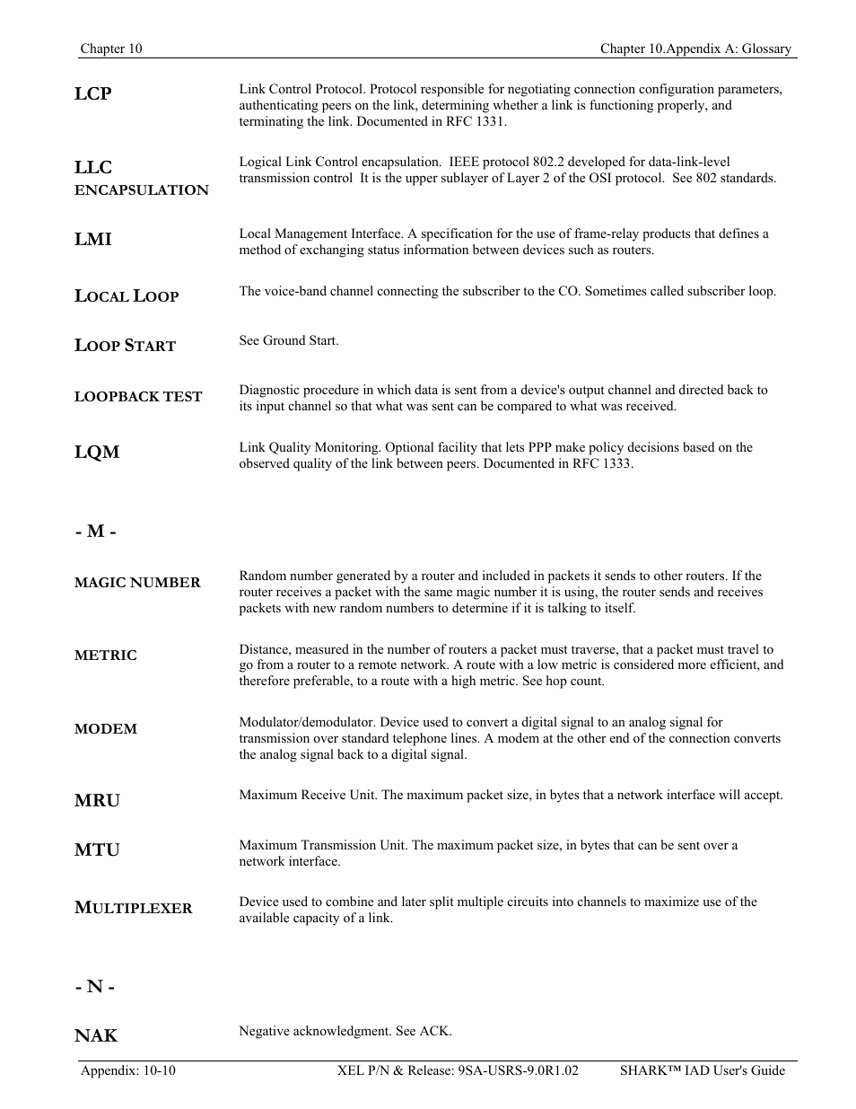 N - nak | Verilink XEL XSP-100 SHARK IAP (9SA-USRS-9.0R1.02) Product Manual User Manual | Page 252 / 262