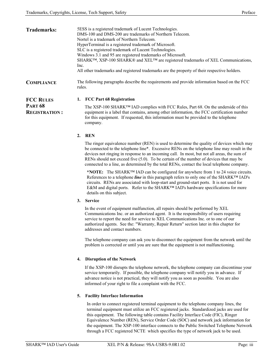 Trademarks, Compliance, Fcc rules part 68 registration | Verilink XEL XSP-100 SHARK IAP (9SA-USRS-9.0R1.02) Product Manual User Manual | Page 3 / 262