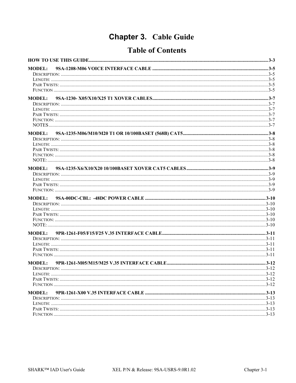 Ch-3 cable guide, Chapter 3. cable guide table of contents | Verilink XEL XSP-100 SHARK IAP (9SA-USRS-9.0R1.02) Product Manual User Manual | Page 31 / 262