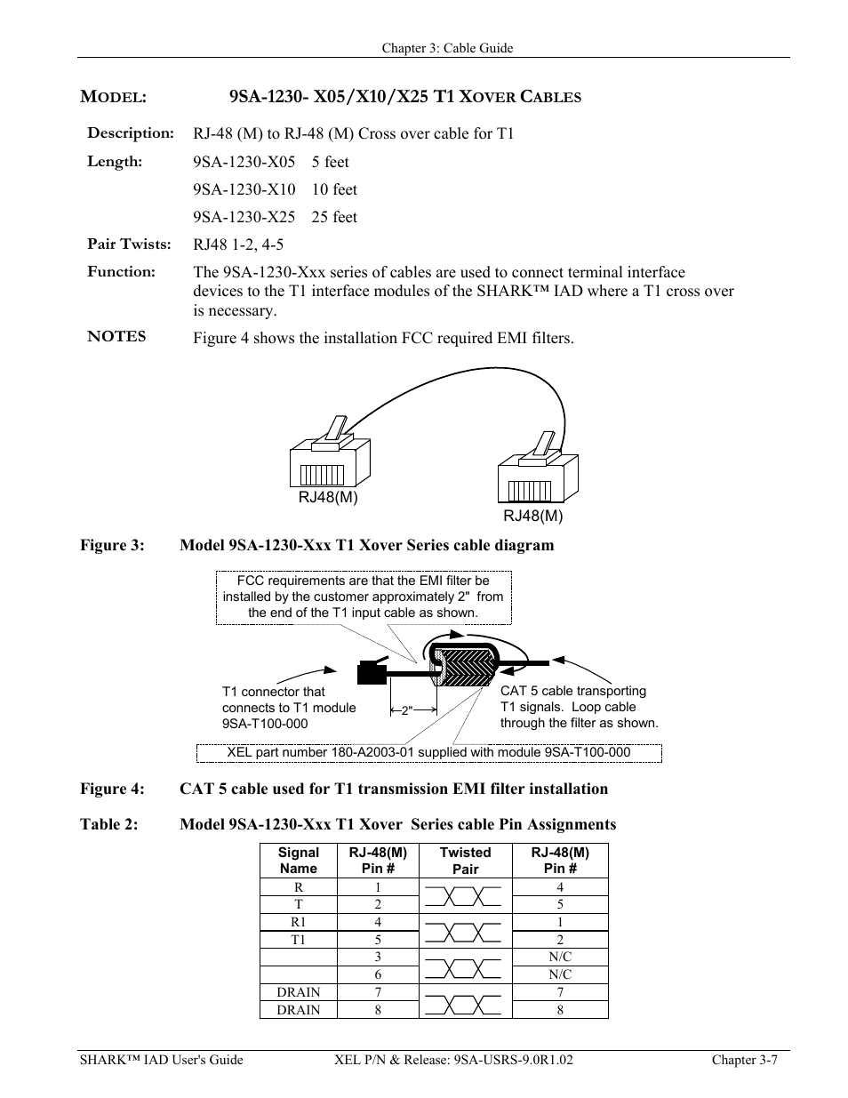 Model:9sa-1230- x05/x10/x25 t1 xover cables, Description, Length | Pair twists, Function, Notes, Model, 9sa-1230- x05/x10/x25 t1 xover cables -7, Escription, Ength | Verilink XEL XSP-100 SHARK IAP (9SA-USRS-9.0R1.02) Product Manual User Manual | Page 37 / 262