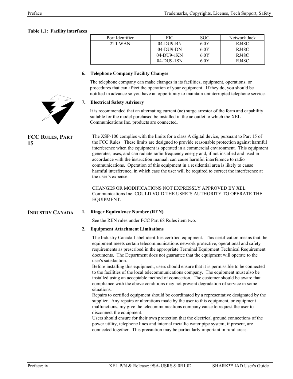 Fcc rules, part 15, Industry canada | Verilink XEL XSP-100 SHARK IAP (9SA-USRS-9.0R1.02) Product Manual User Manual | Page 4 / 262
