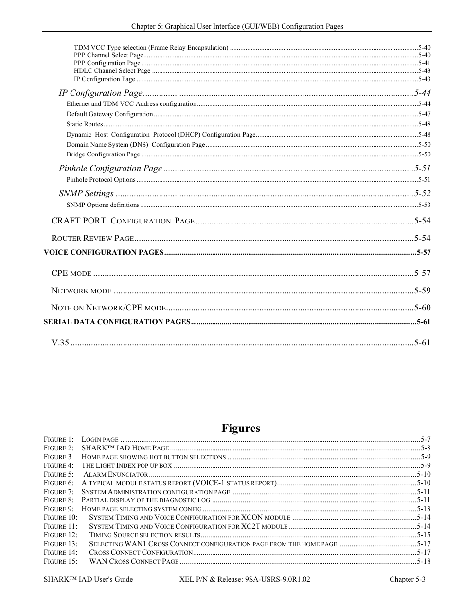 Figures, Ip configuration page -44, Pinhole configuration page -51 | Snmp settings -52, Craft port c, 54 r, 57 n, 59 n, V.35 -61 | Verilink XEL XSP-100 SHARK IAP (9SA-USRS-9.0R1.02) Product Manual User Manual | Page 57 / 262
