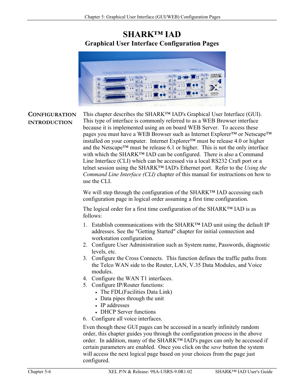 Configuration introduction, Chapter 5: graphical user interface, Configuration introduction -6 | Shark™ iad, Graphical user interface configuration pages c | Verilink XEL XSP-100 SHARK IAP (9SA-USRS-9.0R1.02) Product Manual User Manual | Page 60 / 262