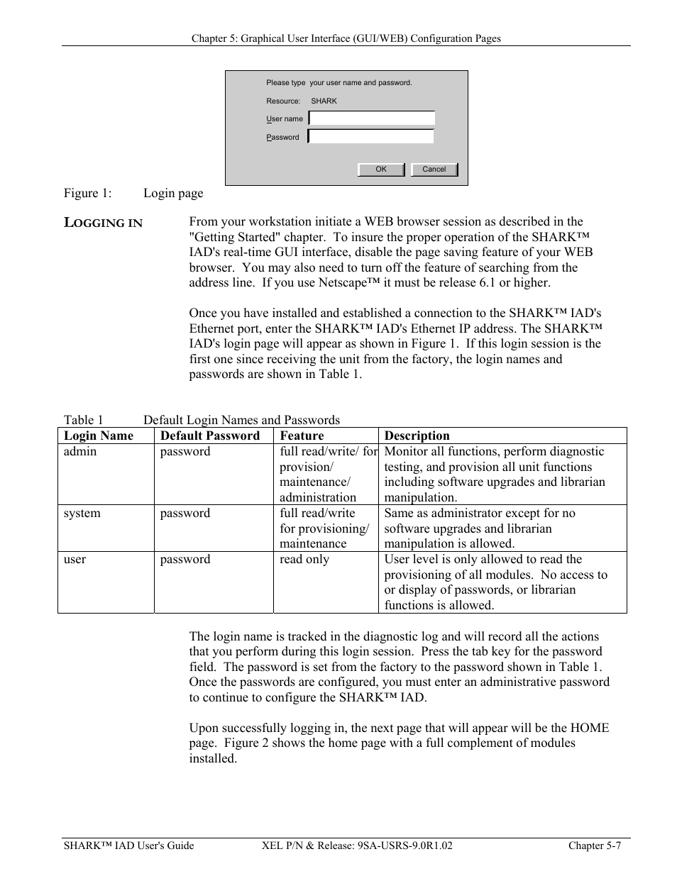 Logging in, Logging in -7, Igure | Able, Efault, Ogin, Ames and, Asswords | Verilink XEL XSP-100 SHARK IAP (9SA-USRS-9.0R1.02) Product Manual User Manual | Page 61 / 262