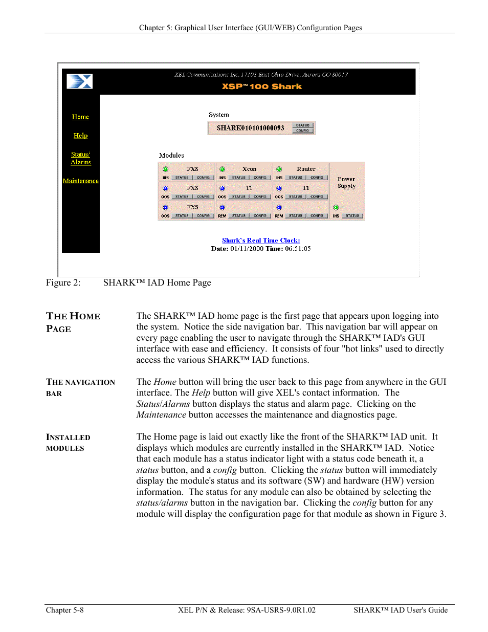 The navigation bar, Installed modules, He navigation bar | Nstalled modules, Igure, Shark™ iad h | Verilink XEL XSP-100 SHARK IAP (9SA-USRS-9.0R1.02) Product Manual User Manual | Page 62 / 262