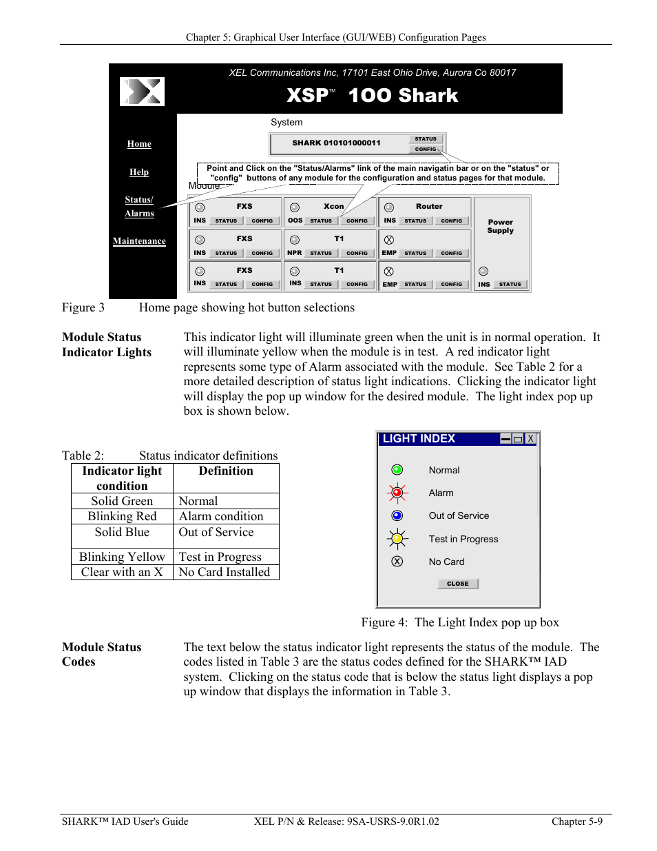 Module status indicator lights, Module status codes, Igure | Ight, Ndex pop up box, Able, Tatus indicator definitions, Xsp 1oo shark, Light index | Verilink XEL XSP-100 SHARK IAP (9SA-USRS-9.0R1.02) Product Manual User Manual | Page 63 / 262