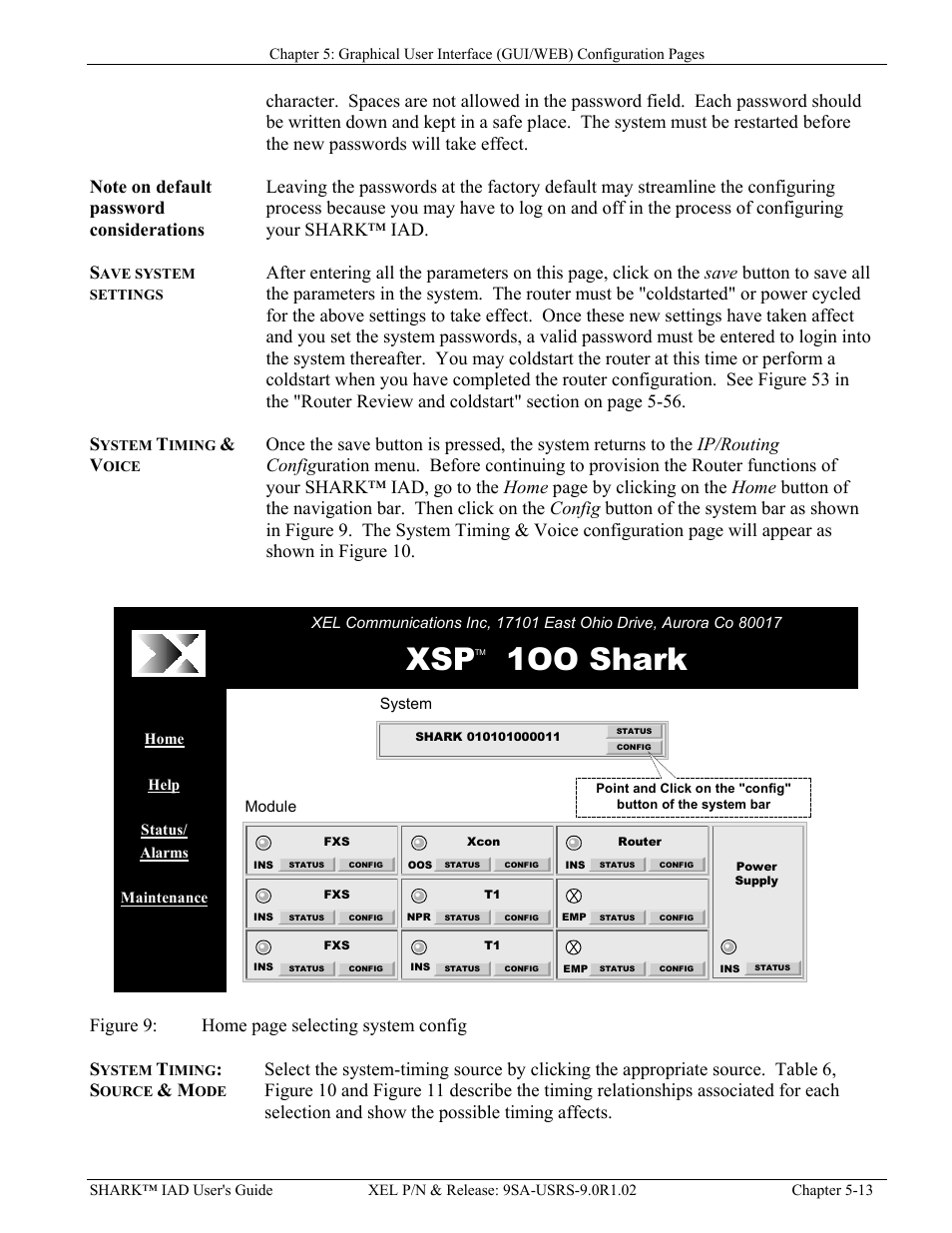 Save system settings, System timing & voice, System timing: source & mode | Note on default password considerations -13, Ave system settings, Ystem, Iming, Oice, Ource, Igure | Verilink XEL XSP-100 SHARK IAP (9SA-USRS-9.0R1.02) Product Manual User Manual | Page 67 / 262
