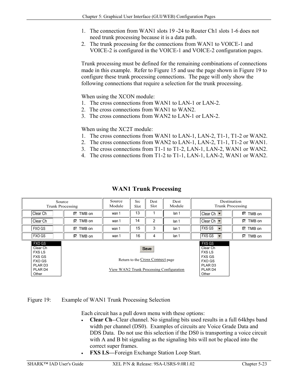 T1 configuration, Configuring the wan modules, Igure | Xample of, Wan1 t, Runk, Rocessing, Election, Wan1 trunk processing, Fxs ls— foreign exchange station loop start | Verilink XEL XSP-100 SHARK IAP (9SA-USRS-9.0R1.02) Product Manual User Manual | Page 77 / 262