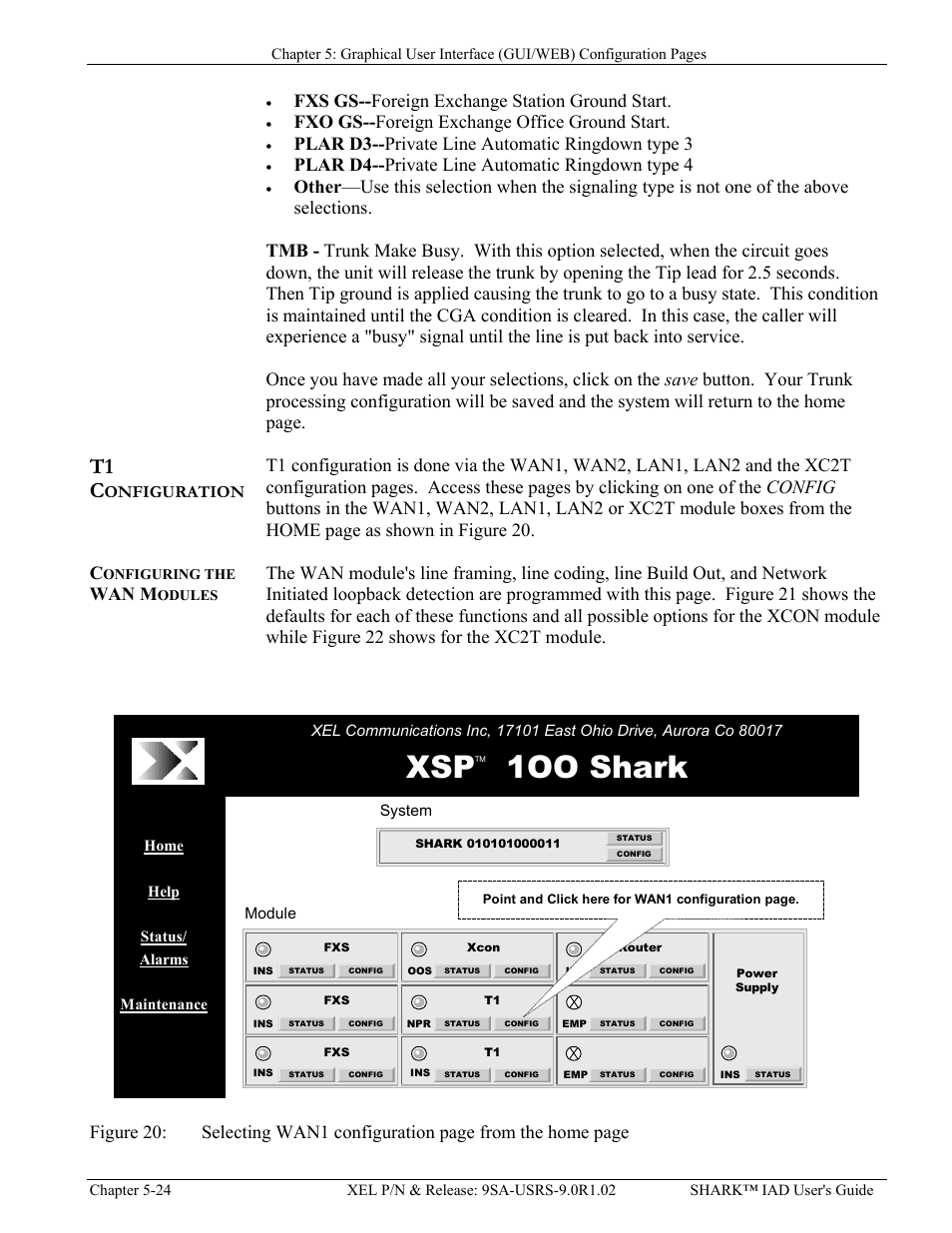 T1 configuration -24, Onfiguring the, Wan m | Odules, Igure, Electing, Wan1, Xsp 1oo shark, T1 c, Fxs gs-- foreign exchange station ground start | Verilink XEL XSP-100 SHARK IAP (9SA-USRS-9.0R1.02) Product Manual User Manual | Page 78 / 262