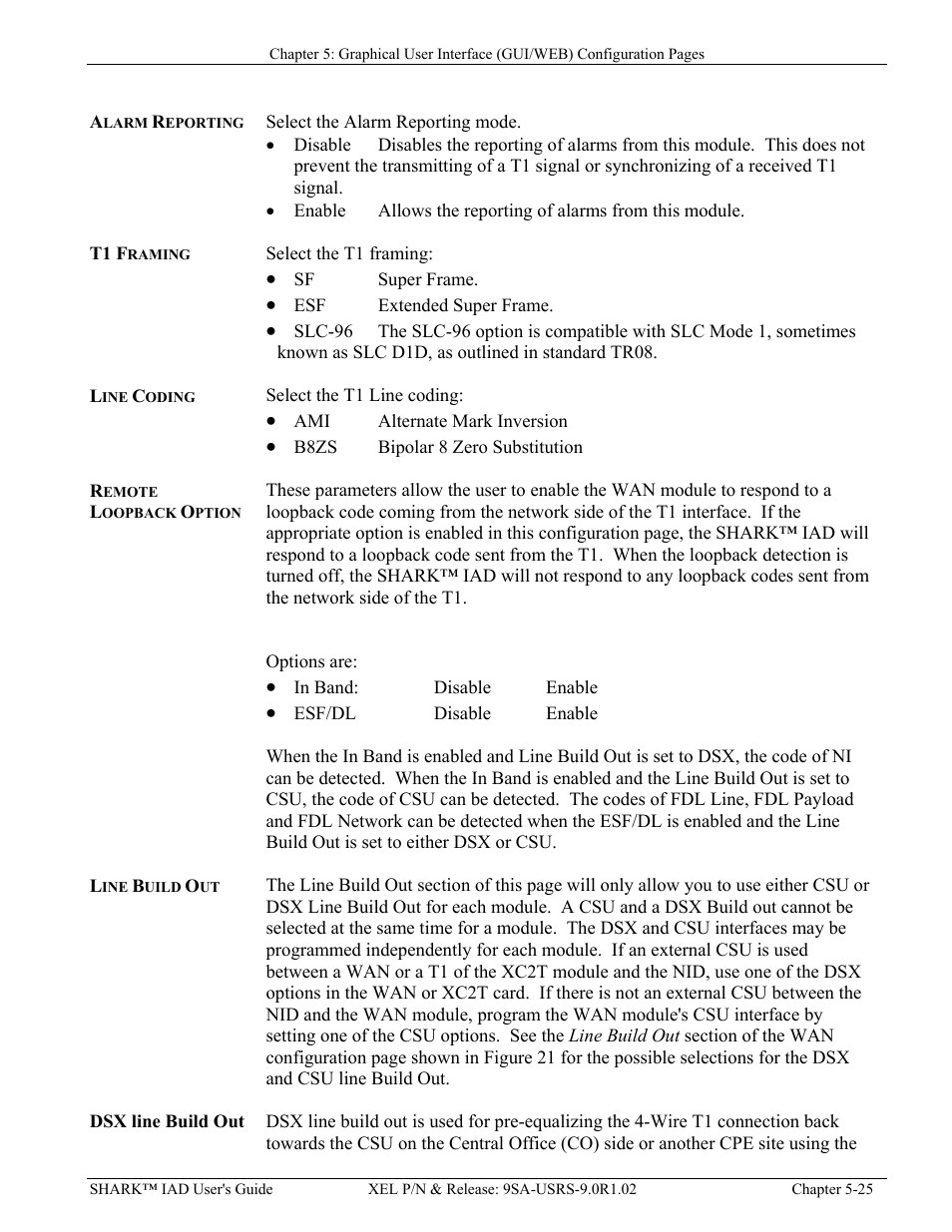 Alarm reporting, T1 framing, Line coding | Remote loopback option, Line build out, Dsx line build out, Larm, Eporting, T1 f, Raming | Verilink XEL XSP-100 SHARK IAP (9SA-USRS-9.0R1.02) Product Manual User Manual | Page 79 / 262