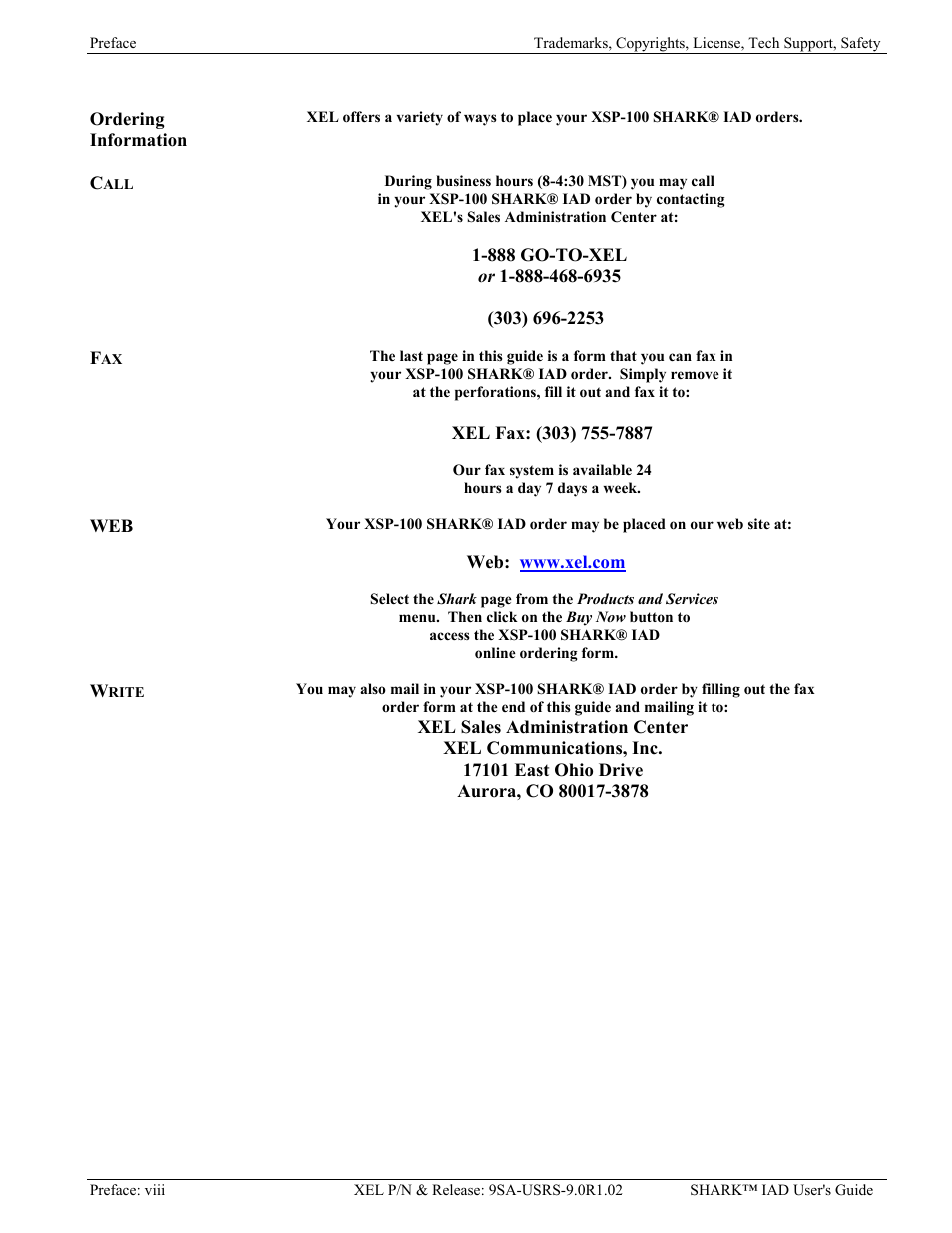 Ordering information, Call, Write | Verilink XEL XSP-100 SHARK IAP (9SA-USRS-9.0R1.02) Product Manual User Manual | Page 8 / 262