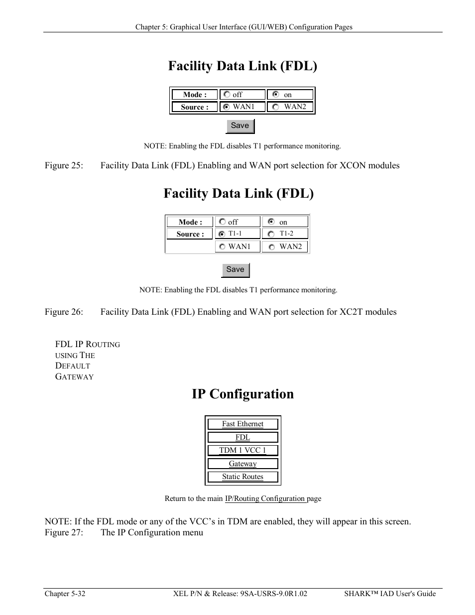 Fdl ip routing using the default gateway, Fdl ip routing using the default gateway -32, Igure | Acility, Fdl) e, Nabling and, Port selection for, Xcon, Modules, Xc2t | Verilink XEL XSP-100 SHARK IAP (9SA-USRS-9.0R1.02) Product Manual User Manual | Page 86 / 262