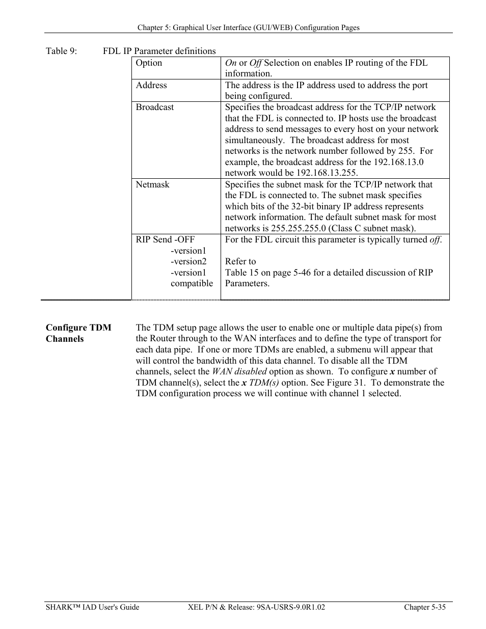 Configure tdm channels, Configure tdm channels -35, Able | Fdl ip p, Arameter definitions | Verilink XEL XSP-100 SHARK IAP (9SA-USRS-9.0R1.02) Product Manual User Manual | Page 89 / 262