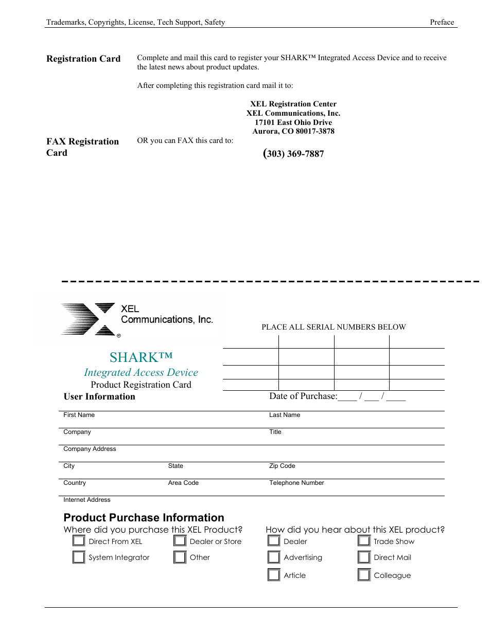 Registration card, Fax registration card, Shark | Integrated access device, Product purchase information | Verilink XEL XSP-100 SHARK IAP (9SA-USRS-9.0R1.02) Product Manual User Manual | Page 9 / 262