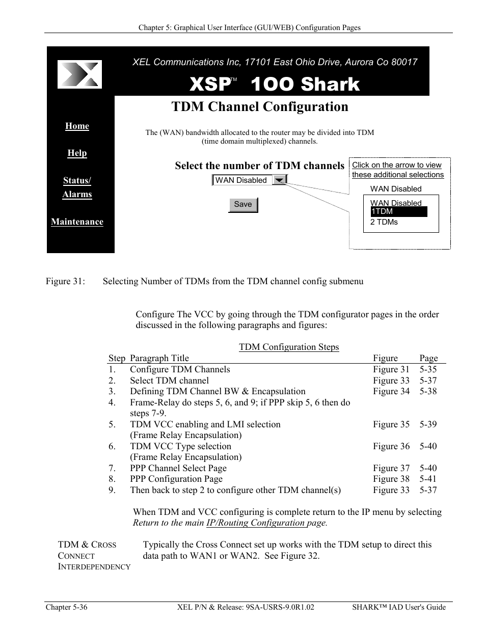 Tdm & cross connect interdependency, Tdm & cross connect interdependency -36, Igure | Electing, Umber of, S from the, Channel config submenu, Xsp 1oo shark, Tdm channel configuration | Verilink XEL XSP-100 SHARK IAP (9SA-USRS-9.0R1.02) Product Manual User Manual | Page 90 / 262