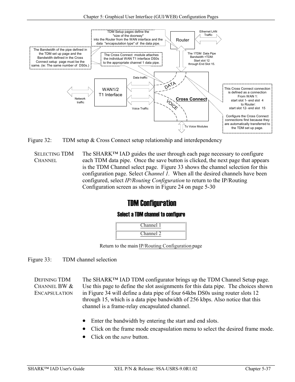 Selecting tdm channel, Defining tdm channel bw & encapsulation, Igure | Setup, Ross, Onnect setup relationship and interdependency, Channel selection, Tdm configuration, Select a tdm channel to configure, Tdm c | Verilink XEL XSP-100 SHARK IAP (9SA-USRS-9.0R1.02) Product Manual User Manual | Page 91 / 262